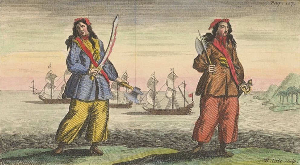 Anne Bonny und Mary Read, Darstellung von  Benjamin Cole (1695–1766) 