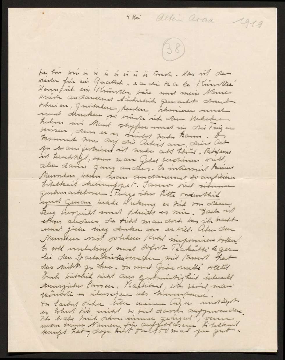 Brief von Sophie Taeuber-Arp an Hans Arp aus Arosa vom 4. Mai 1919
