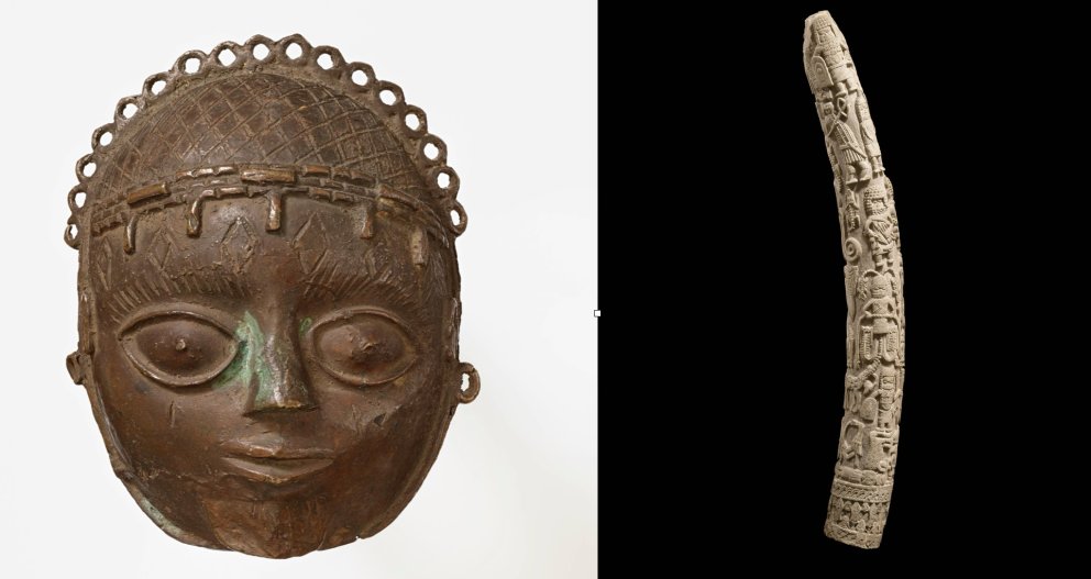 Elf Kunstwerke aus dem Museum Rietberg gehen nach Nigeria | Links: Anhängermaske, Uhunmwu-Ẹkuẹ, Nigeria, Königtum Benin, Edo, 19. Jh. Rechts: Beschnitzter Elfenbeinzahn eines Ahnenschreins, Akon’eni Elao, Nigeria, Königtum Benin, Edo, 17./18. Jh.