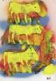 Hans Krüsi | Drei Kühe | Undatiert | Schwarzer Filzstift auf Scherenschnittfiguren aus Zeitungspapier über Gouache und Farbspray auf Papier